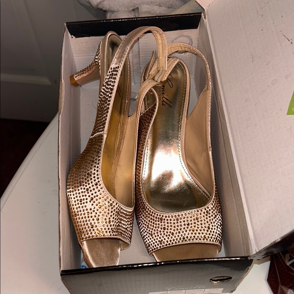 Camille La Vie Gold Crystal Embellished Heels